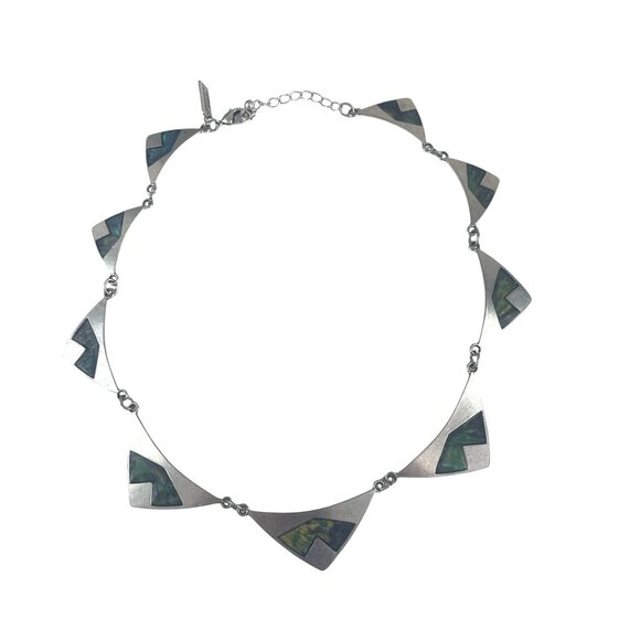 American Eagle Silver-Tone Geometric Necklace Inlaid Abalone Triangle Design - Picture 2 of 6